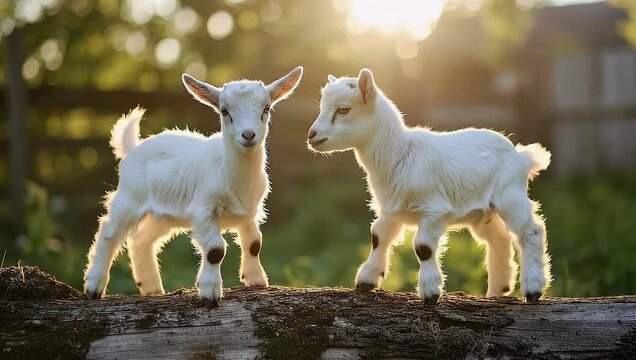 Cute Baby Goats Playing and Nuzzling on a Log in Golden Hour Sunlight