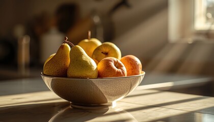 Professional dslr image of sunlight hitting a bowl of pears and apples in a kitchen