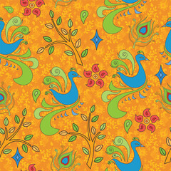 Obraz premium Decorative Peacock and Botanical Seamless Repeat Vector Pattern Inspired by Ethnic and Paisley Motifs on Bright Orange Background for Fabric and Wrapping Paper