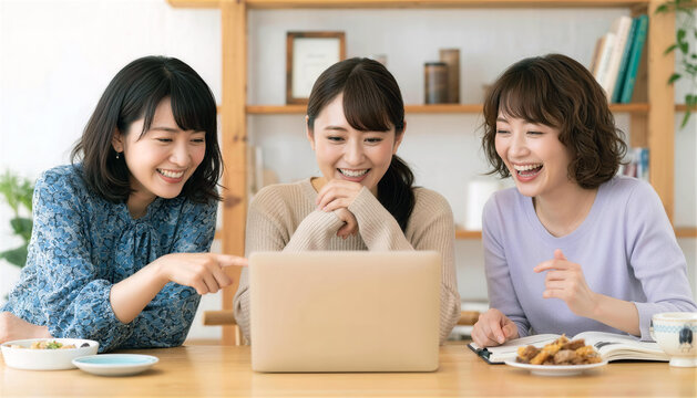 ノートパソコンを囲んで楽しそうに談笑する日本人女性3人