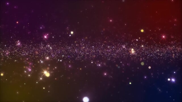 A vibrant cosmic landscape with stars and celestial bodies shining in a colorful gradient background viewed from a distant perspective