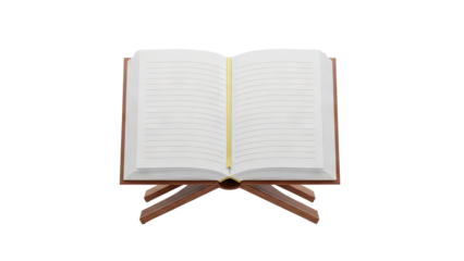 3D Open Book on Wooden Stand with Bookmark on transparent background