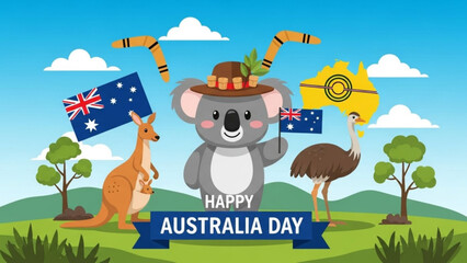 Obraz premium Happy australia day celebration with koala kangaroo and emus waving flags