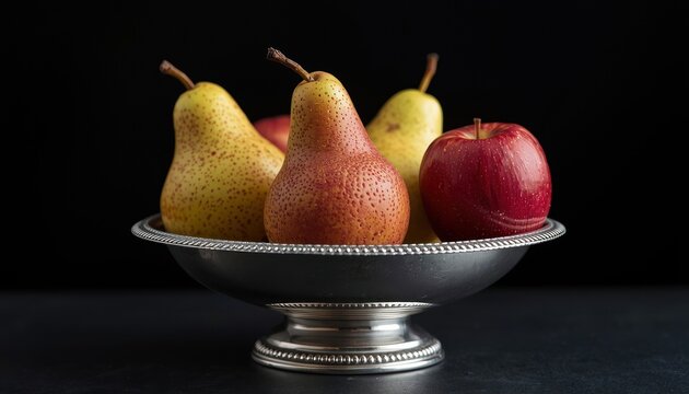 High quality photo of a silver bowl containing three pears and two red apples