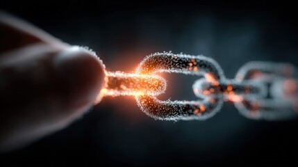 A hand holds a glowing link of a chain against a blurred, dark background, symbolizing connection