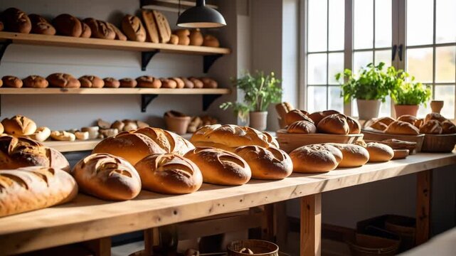 Freshly baked golden brown bread loaves abundantly displayed on rustic wooden shelves and counters in a sunlit bakery.