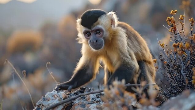 Adorable capuchin monkey interacting with twig amidst natural rocky habitat scenery