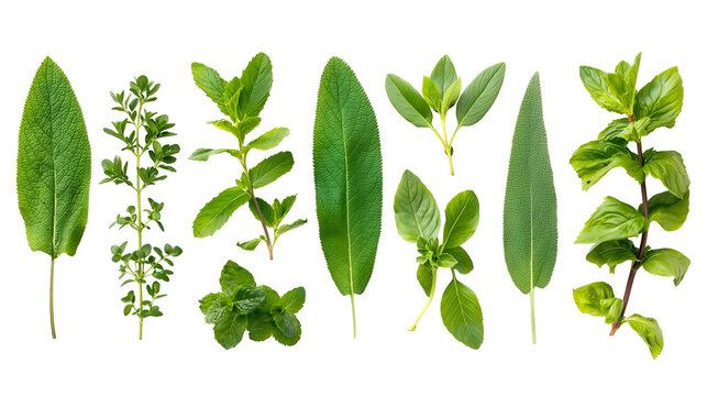 Collection of various fresh green culinary herb leaves including sage thyme mint and basil isolated on transparent background for cooking