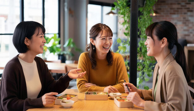 カフェでお弁当を食べながら楽しそうに談笑する日本人女性3人