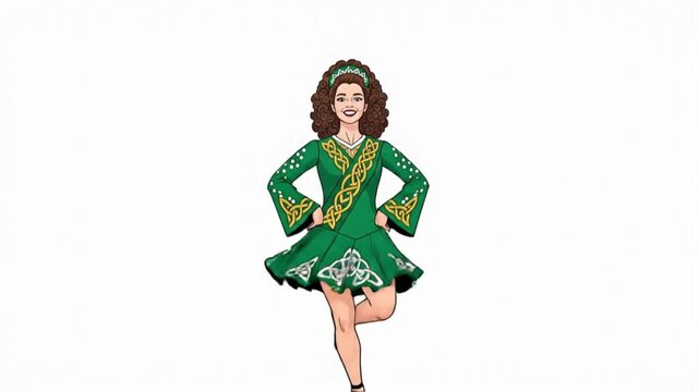 Smiling Irish dancer in traditional green costume with gold accents