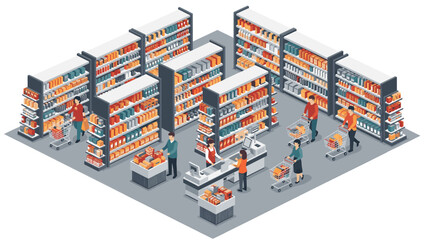 Obraz premium Busy supermarket scene with customers and cashiers