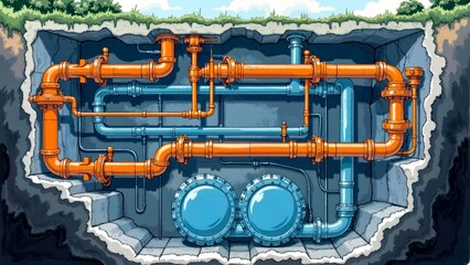 Underground Orange Pipe Facility Scene