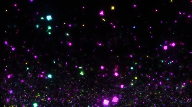 Vibrant particles illuminate the dark space with colorful lights and dynamic movement