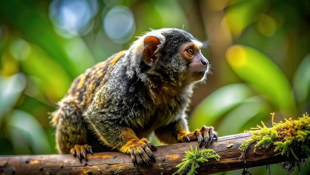 Captivating marmoset portrait amidst vibrant rainforest foliage, showcasing exotic wildlife