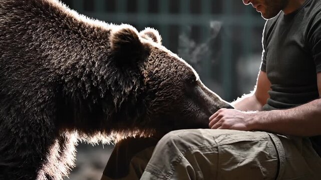 Powerful Brown Bear and Man Share a Tender Moment, Human Gently Pets Wild Animal, Trust and Connection, Slow Motion, 4K