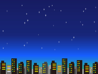 大都市の夜景と星空の背景素材イラスト / City Skyline with Starry Night Sky Background Illustration