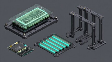 Isometric Illustration of Futuristic Tech Components with Glowing Elements on a Dark Gray Background