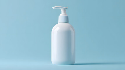 White bottle with pump on light blue background with copy space for text. Product mockup background illustration.