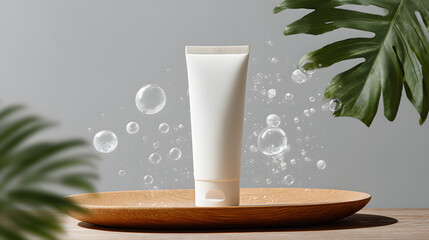 Plain white facial cleanser tube mockup with bubbles on a gray background and copy space for text. Cosmetic product mockup background illustration.