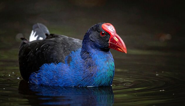 Vibrant Purple Swamphen Floating Gracefully on Calm Water, Showcasing Colorful Plumage.