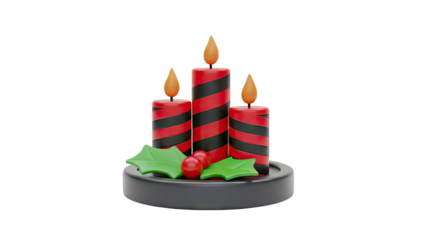 3D Christmas candles with holly and berries on a stand on transparent background