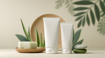 Aloe vera cosmetic product packaging mockup with a cream background and green leaves. Cosmetic product mockup background illustration.