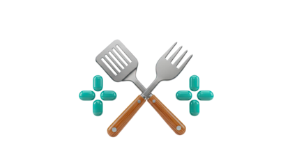3D Crossed Barbecue Utensils and Turquoise Capsules on transparent background