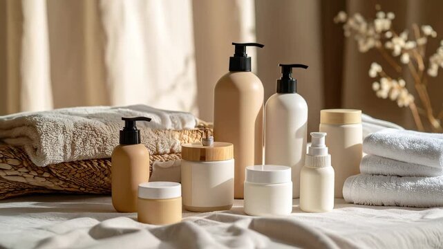 A collection of neutral-toned cosmetic and personal care products with soft towels in a serene spa-like setting.