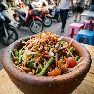 A close up som tam Thai captured at a roadside dining area emphasizes bold flavors and crunchy textures while street elements remain softly out of focus