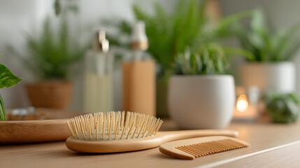 Wooden brush and comb on a wooden table with green plants in the background. Beauty background illustration.