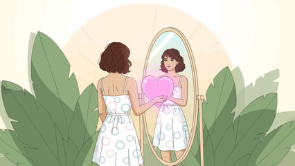Self Love: Woman embracing her reflection with a heart