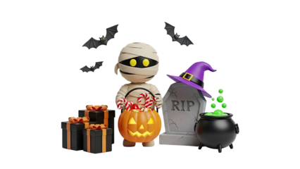 3D Cute 3D Halloween scene with mummy, pumpkin, gifts and witch hat on transparent background