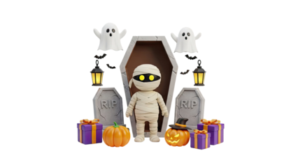 3D Cute Halloween Mummy with Ghosts, Pumpkins, and Gifts on transparent background