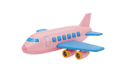 3D Cute pink airplane with blue wings and orange engines on transparent background