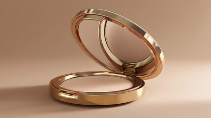 Compact powder in gold packaging on a cream background with space for text. Illustration of a cosmetic product background.