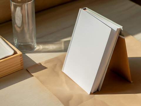 Minimalistic Blank Notebook with Wooden Desk Setup and Office Supplies in a Clean Aesthetic Workspace