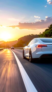 Modern white car speeding down a highway at sunset