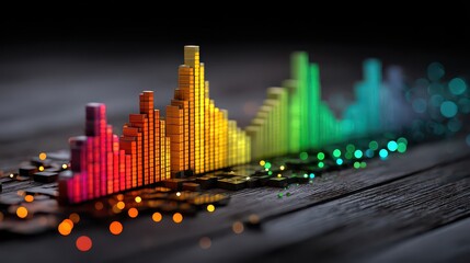 Abstract Colorful Data Visualization on Dark Wooden Surface with Bokeh Effect