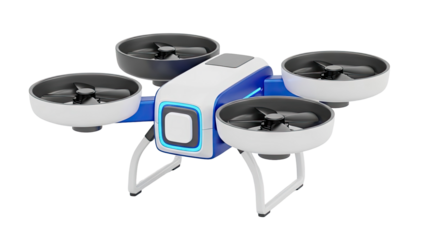 3D Futuristic Drone Quadcopter with Blue LED Lights on transparent background