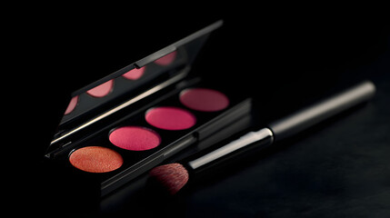 A palette of pink and dark red lipsticks with a brush on a black background. Illustration of a cosmetic product background.