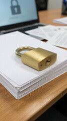 Brass padlock lying on a stack of office documents with a laptop in the background representing secure data and information protection