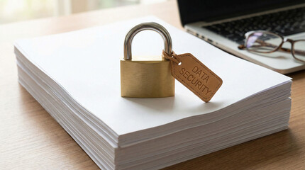 Brass padlock with data security tag on a large stack of documents symbolizing privacy protection and confidential information
