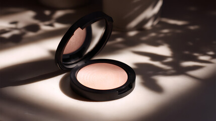 Compact powder with black packaging on a beige background with shadows and empty space. Illustration of cosmetic and beauty product background.