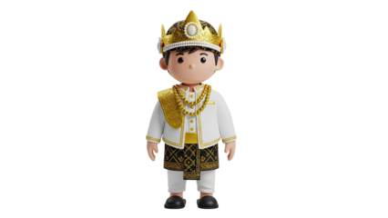 3D Cartoon Boy in Traditional Malay Royal Attire with Crown on transparent background