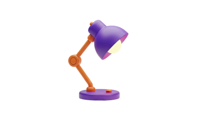3D Cute cartoon desk lamp with a purple base and shade on transparent background