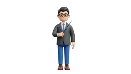 3D Cartoon man in suit holding pointer stick on transparent background