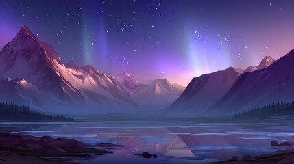 Pixelated Mountain Range And Lake Under Purple Aurora Borealis And Starry Night Sky