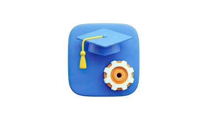 3D Graduation Cap Icon with Gear on transparent background