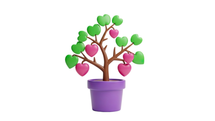 3D Heart shaped leaves tree in a pot on transparent background