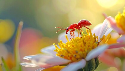 Vibrant Red Ant Perched on a Delicate White and Yellow Flower in Sunlight.